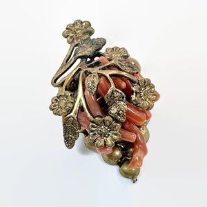 Vintage Brooch: Branch Coral Grapes Patina Hand Beaded Brass